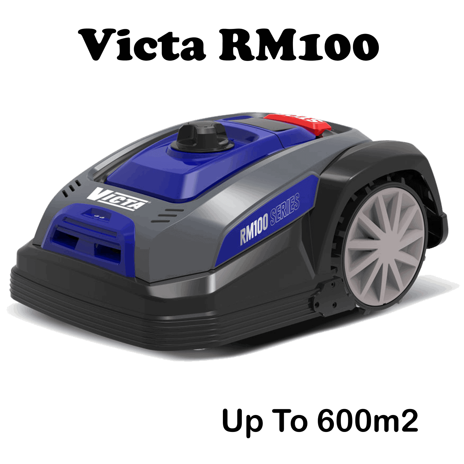 Blue and grey Victa RM100 robot lawn mower viewed from the front and side.
